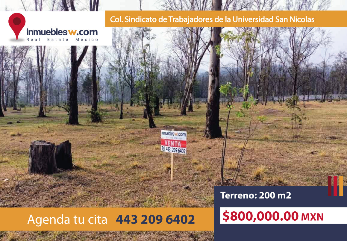 TERRENO EN VENTA EN COL. SINDICATO DE TRABAJADORES DE LA UNIVERSIDAD SAN NICOLAS DE HIDALGO